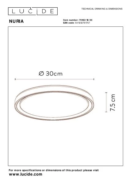 Lucide NURIA - Lámpara de techo - Ø 30 cm - LED 3 StepDim - 1x18W 2700K - Negro - técnico